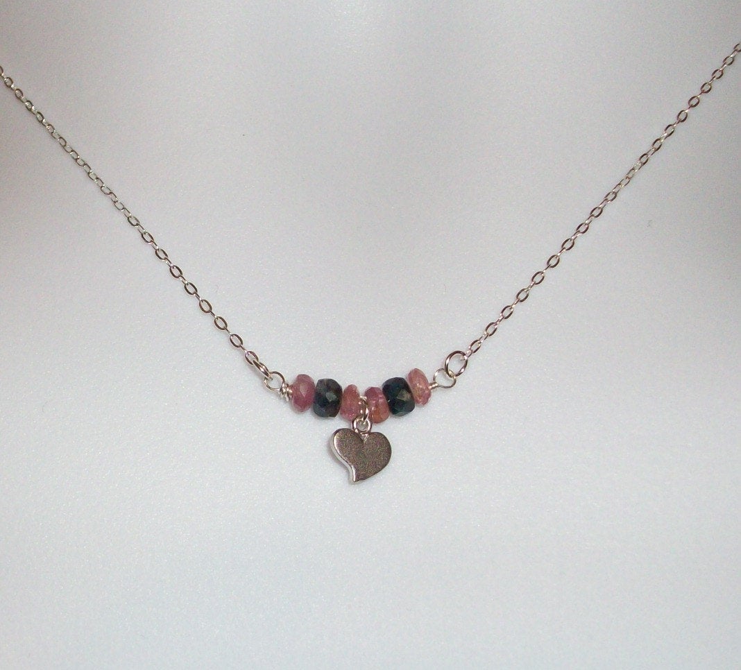 Silver Heart Necklace - Tiny Silver Heart and Tourmaline Necklace, Sterling Silver Necklace, Mothers Day, Gemstone Necklace