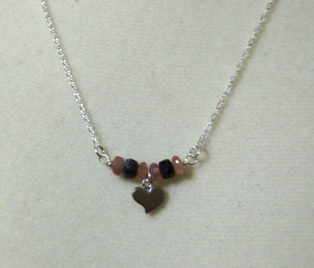 Silver Heart Necklace - Tiny Silver Heart and Tourmaline Necklace, Sterling Silver Necklace, Mothers Day, Gemstone Necklace