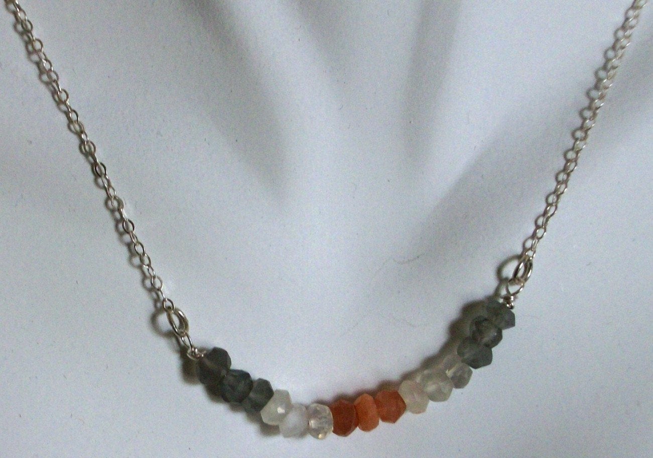 Silver Moonstone Necklace - Multicolored Moonstone Bar Necklace, Sterling Silver Necklace, Mothers Day, Gemstone Necklace