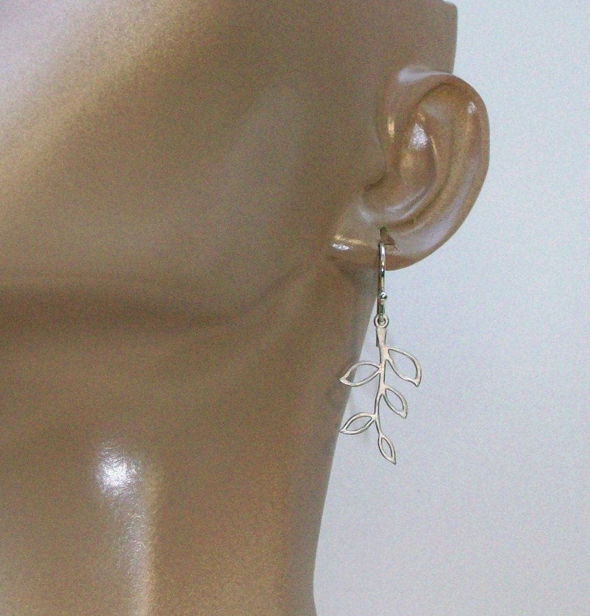 Tiny Olive Branch Earrings, Silver Earrings - Sterling Silver Olive Branch Earrings, Bridesmaid Gifts, wedding, grey, white, silver