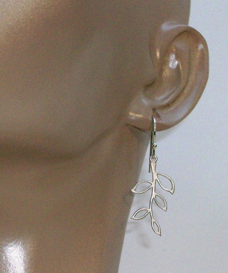 Tiny Olive Branch Earrings, Silver Earrings - Sterling Silver Olive Branch Earrings, Bridesmaid Gifts, wedding, grey, whit