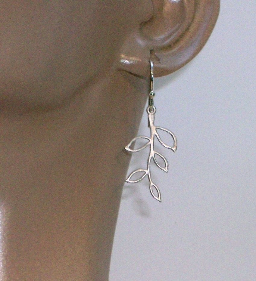 Tiny Olive Branch Earrings, Silver Earrings - Sterling Silver Olive Branch Earrings, Bridesmaid Gifts, wedding, grey, whit