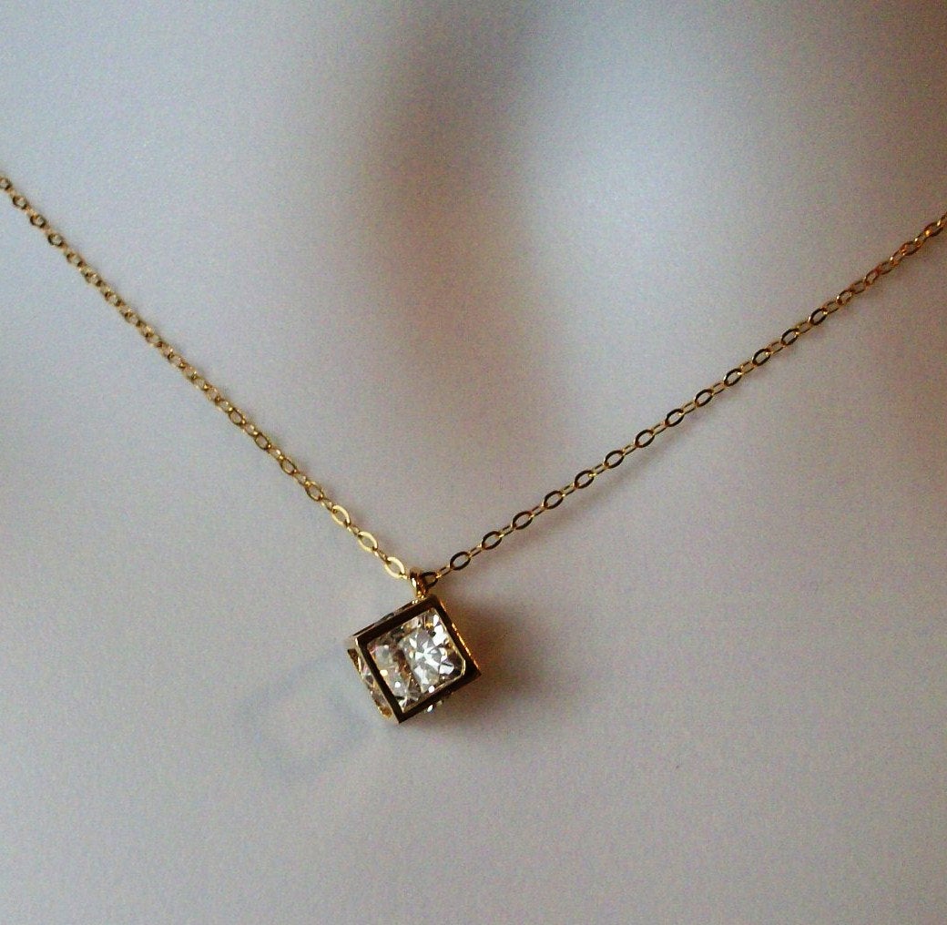 Gold Cube Necklace - Tiny Gold 3d Cubic with Crystal Necklace, Gold Filled Necklace, bridesmaid gifts, gold, yellow, Wedding, Geometric