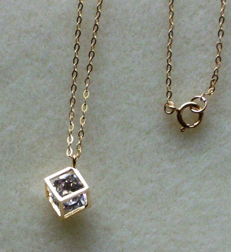 Gold Cube Necklace - Tiny Gold 3d Cubic with Crystal Necklace, Gold Filled Necklace, bridesmaid gifts, gold, yellow, Wedding, Geometric