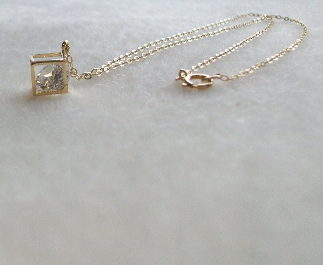 Gold Cube Necklace - Tiny Gold 3d Cubic with Crystal Necklace, Gold Filled Necklace, bridesmaid gifts, gold, yellow, Wedding, Geometric