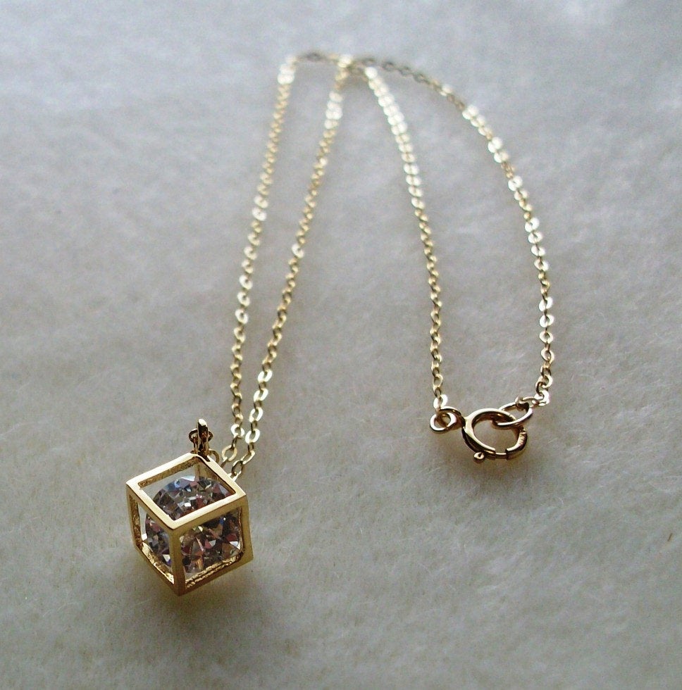 Gold Cube Necklace - Tiny Gold 3d Cubic with Crystal Necklace, Gold Filled Necklace, bridesmaid gifts, gold, yellow, Wedding, Geometric