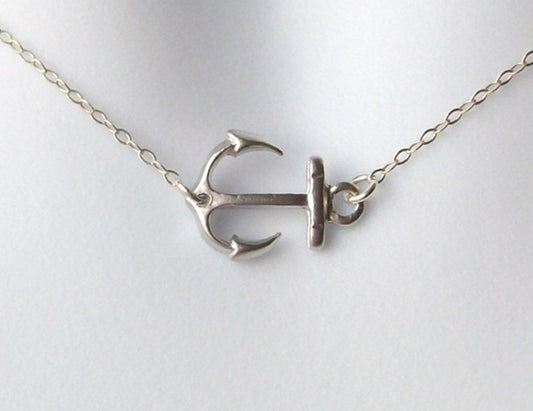 Silver Anchor Necklace - Sideways Silver Anchor Necklace, Sterling Silver Necklace, bridesmaid gifts, grey, white, silver, Mothers Day