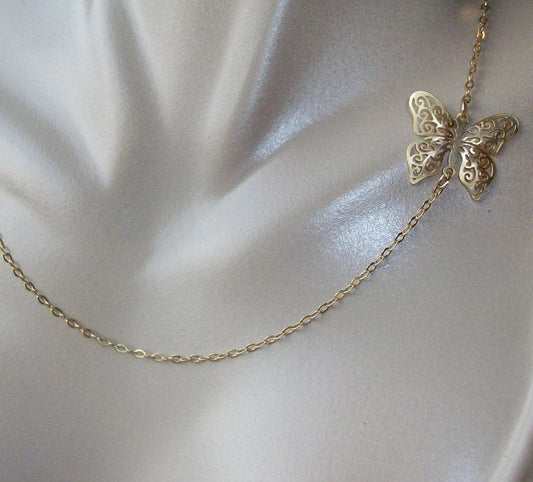 Gold Sideways Butterfly Necklace