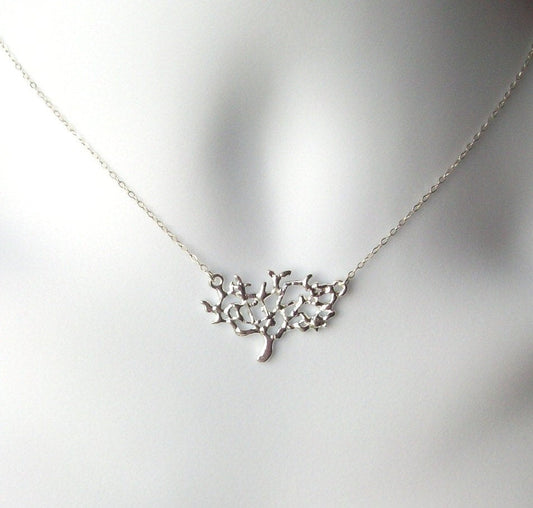 Dainty Tree Necklace - Silver Tree Necklace - Sterling Silver Suspended Tree Necklace, Sterling Silver Necklace, grey, silver, white