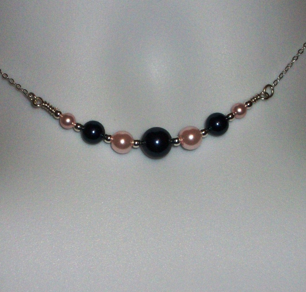 Pearl Necklace - Midnight Blue and Light Pink Pearl Necklace - Sterling Silver Necklace - Silver Necklace