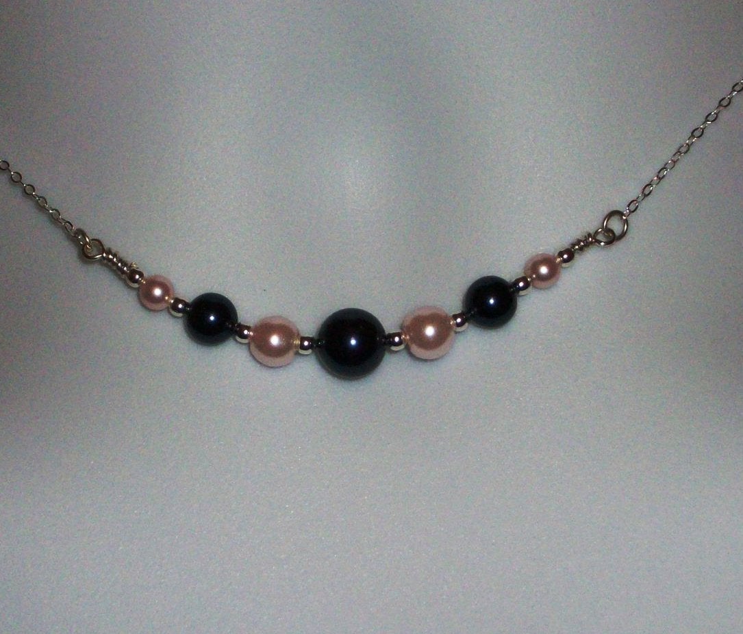 Pearl Necklace - Midnight Blue and Light Pink Pearl Necklace - Sterling Silver Necklace - Silver Necklace