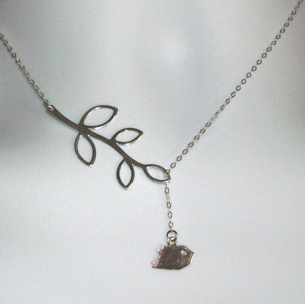 Sterling Silver Lariat Necklace, Detailed Bird and Branch Lariat Necklace, Mod Bird and Branch Lariat, Sterling Silver Necklace, Bridal