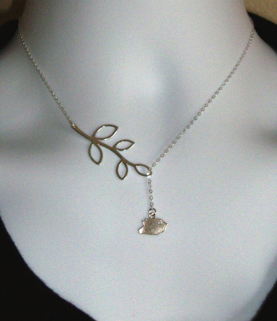 Sterling Silver Lariat Necklace, Detailed Bird and Branch Lariat Necklace, Mod Bird and Branch Lariat, Sterling Silver Necklace, Bridal