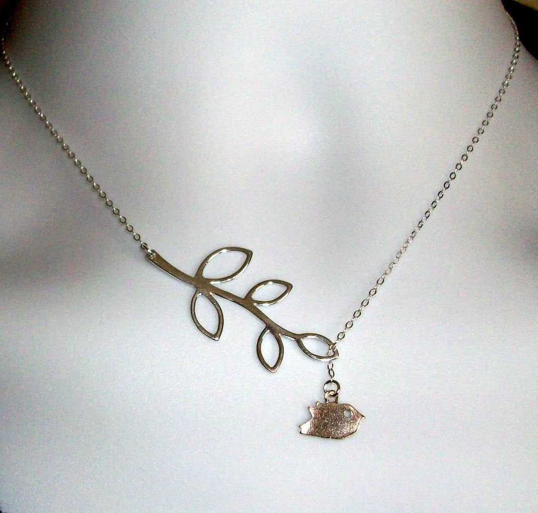 Sterling Silver Lariat Necklace, Detailed Bird and Branch Lariat Necklace, Mod Bird and Branch Lariat, Sterling Silver Necklace, Bridal