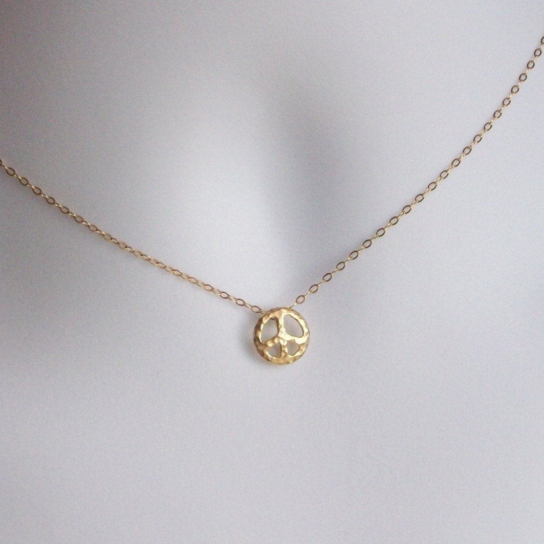 Peace Necklace - Gold Hammered Tiny Peace Symbol Necklace - Tiny Hammered Peace Sign Necklace, Gold Filled Necklace