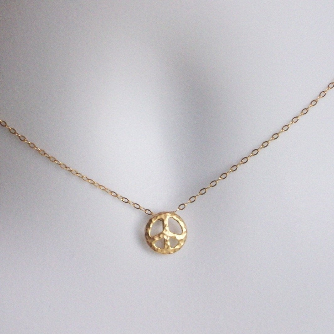 Peace Necklace - Gold Hammered Tiny Peace Symbol Necklace - Tiny Hammered Peace Sign Necklace, Gold Filled Necklace