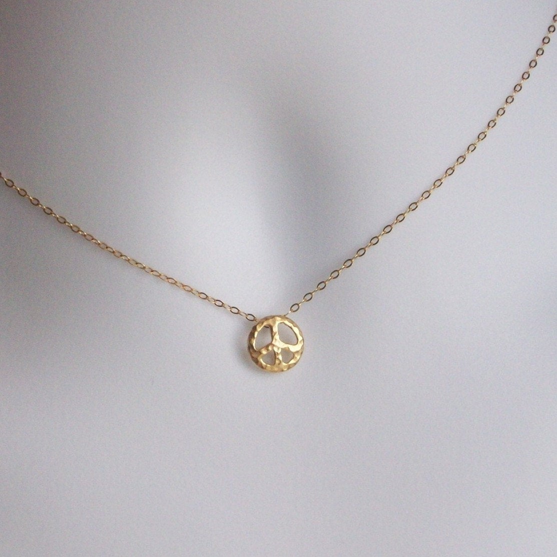 Peace Necklace - Gold Hammered Tiny Peace Symbol Necklace - Tiny Hammered Peace Sign Necklace, Gold Filled Necklace