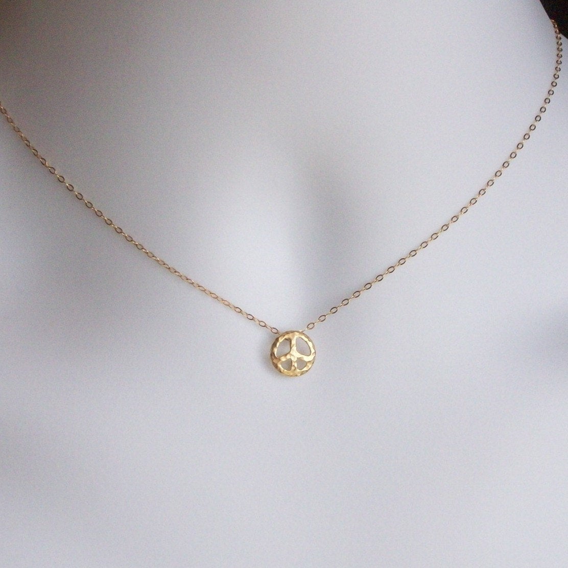 Peace Necklace - Gold Hammered Tiny Peace Symbol Necklace - Tiny Hammered Peace Sign Necklace, Gold Filled Necklace