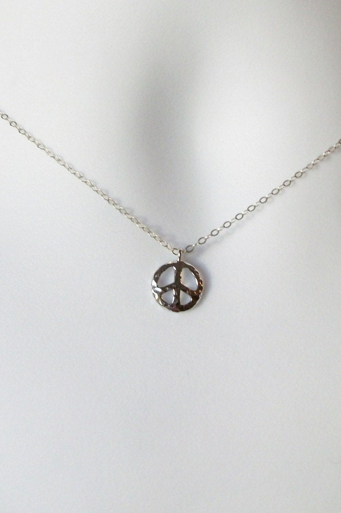 Silver Hammered Peace Sign Necklace - Tiny Peace Necklace - Sterling Silver Necklace, bridesmaid gifts, grey, white, silver, Mothers Day