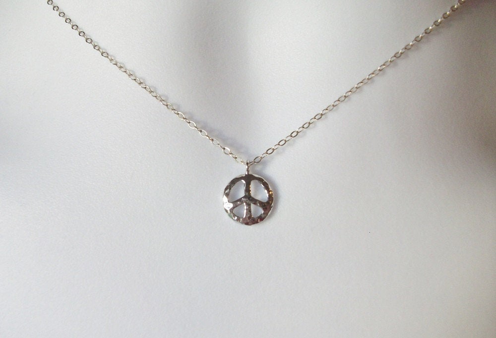 Silver Hammered Peace Sign Necklace - Tiny Peace Necklace - Sterling Silver Necklace, bridesmaid gifts, grey, white, silver, Mothers Day