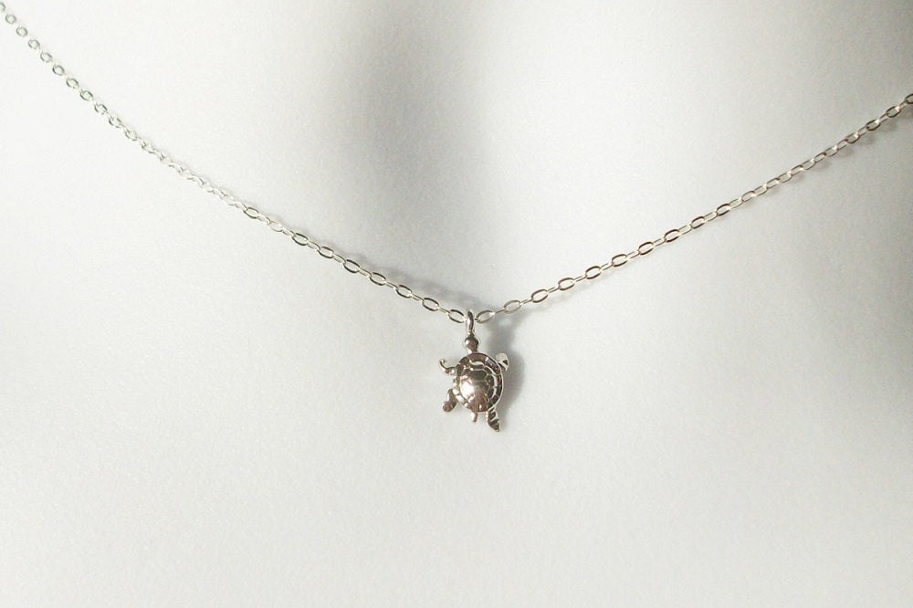 Silver Turtle Necklace - Super Tiny Silver Turtle Necklace, Sterling Silver Necklace, bridesmaid gifts, grey, white, silver, Mothers Day