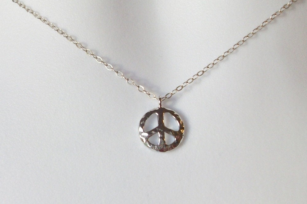 Silver Hammered Peace Sign Necklace - Tiny Peace Necklace - Sterling Silver Necklace, bridesmaid gifts, grey, white, silver, Mothers Day