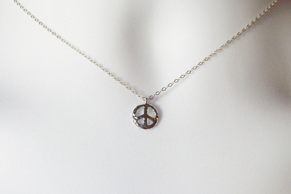 Silver Hammered Peace Sign Necklace - Tiny Peace Necklace - Sterling Silver Necklace, bridesmaid gifts, grey, white, silver, Mothers Day