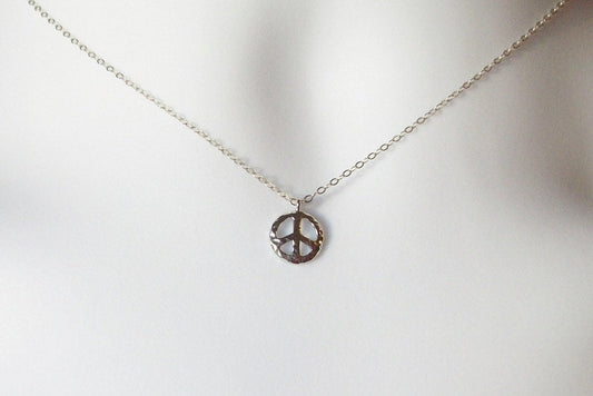 Silver Hammered Peace Sign Necklace - Tiny Peace Necklace - Sterling Silver Necklace, bridesmaid gifts, grey, white, silver, Mothers Day