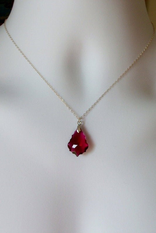 Ruby Necklace - Baroque Necklace - Ruby Swarovski Baroque Pendant Necklace, Sterling Silver Necklace