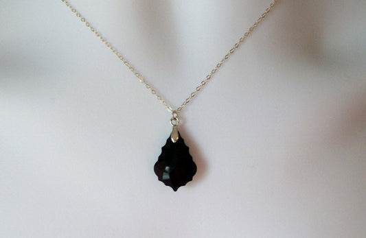 Black Necklace - Baroque Necklace - Jet Black Swarovski Baroque Pendant Necklace, Sterling Silver Necklace