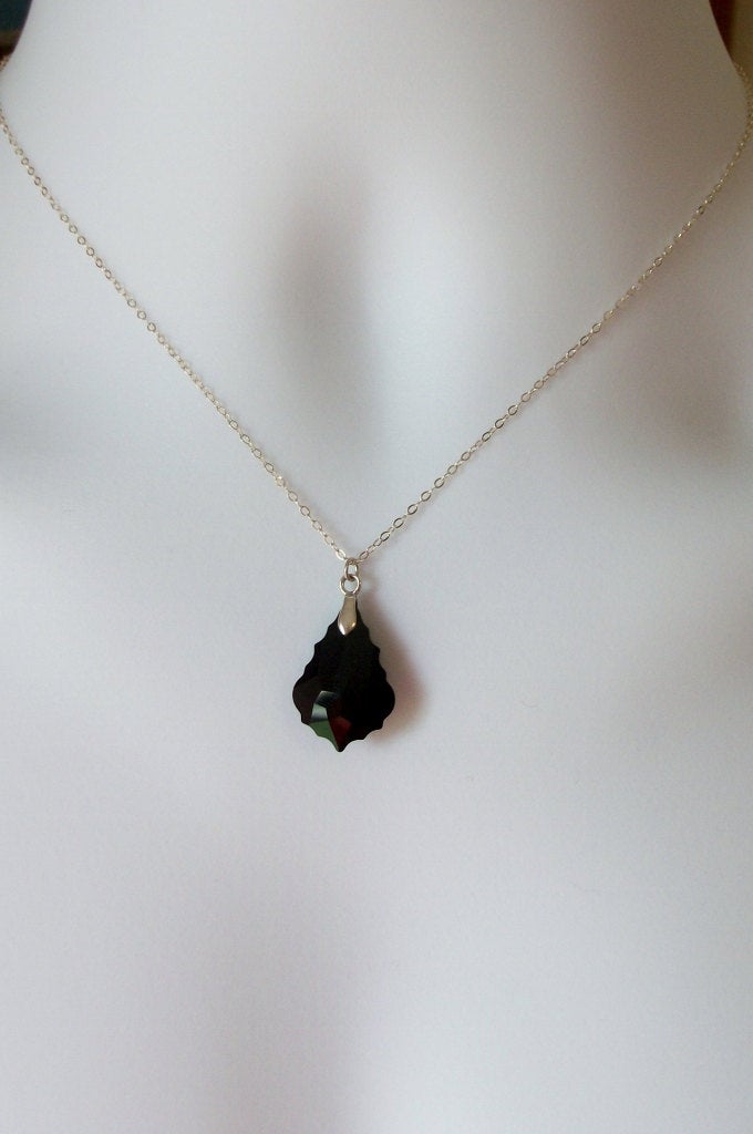 Black Necklace - Baroque Necklace - Jet Black Swarovski Baroque Pendant Necklace, Sterling Silver Necklace