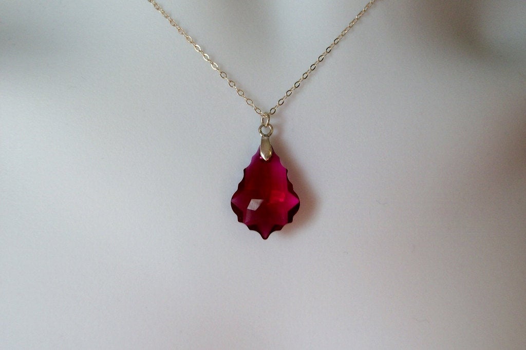 Ruby Necklace - Baroque Necklace - Ruby Swarovski Baroque Pendant Necklace, Sterling Silver Necklace