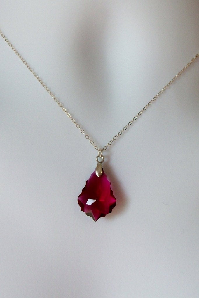 Ruby Necklace - Baroque Necklace - Ruby Swarovski Baroque Pendant Necklace, Sterling Silver Necklace