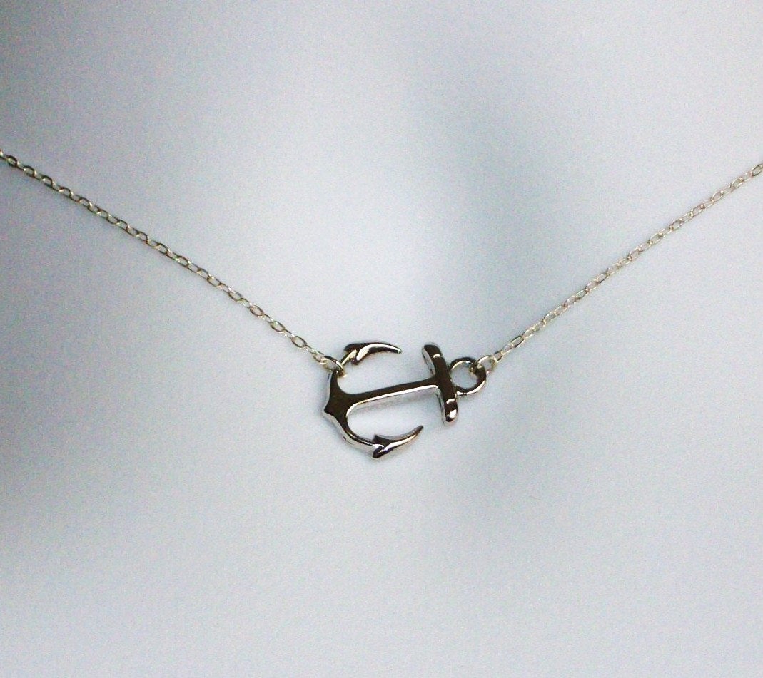 Sideways Silver Anchor Necklace - Sterling Silver and Rhodium Plated Sideways Silver Anchor Necklace, Nautical Jewelry, Navy Wife Jewelry