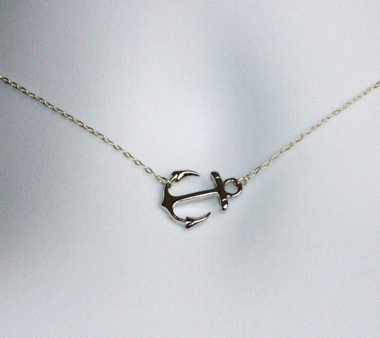 Sideways Silver Anchor Necklace - Sterling Silver and Rhodium Plated Sideways Silver Anchor Necklace, Nautical Jewelry, Navy Wife Jewelry