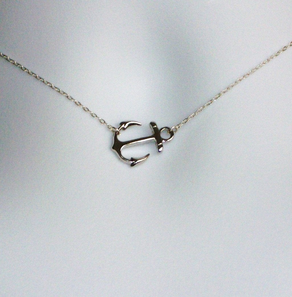 Sideways Silver Anchor Necklace - Sterling Silver and Rhodium Plated Sideways Silver Anchor Necklace, Nautical Jewelry, Navy Wife Jewelry