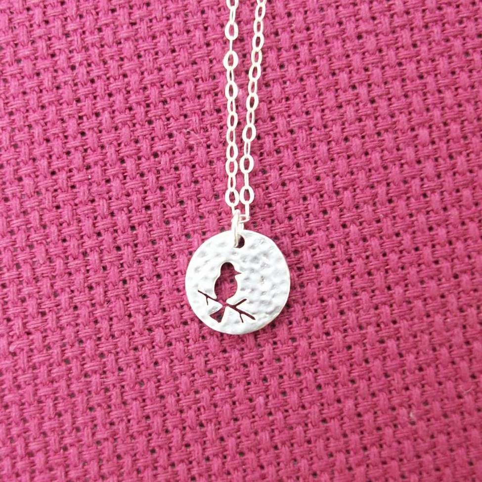 Silver Disc Necklace, Bird on Branch Disc Charm Necklace, Tiny Sterling Silver Hammered Disc with Bird on Branch Cutout Necklace