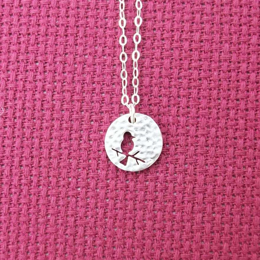 Silver Disc Necklace, Bird on Branch Disc Charm Necklace, Tiny Sterling Silver Hammered Disc with Bird on Branch Cutout Necklace