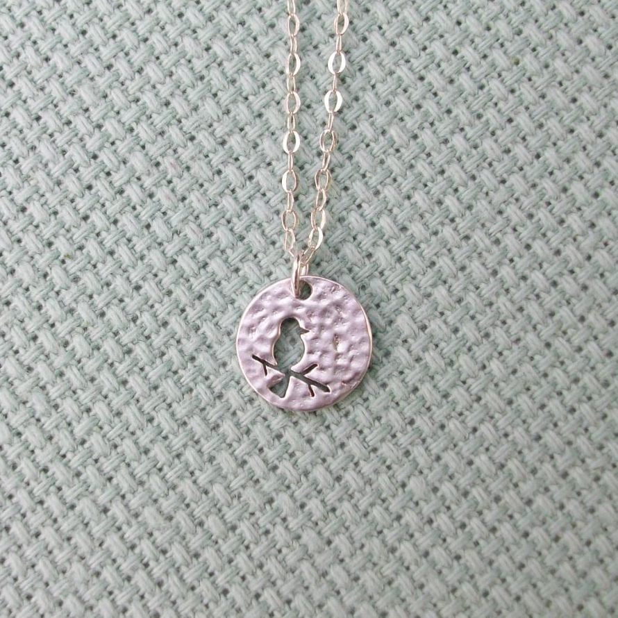 Silver Disc Necklace, Bird on Branch Disc Charm Necklace, Tiny Sterling Silver Hammered Disc with Bird on Branch Cutout Necklace