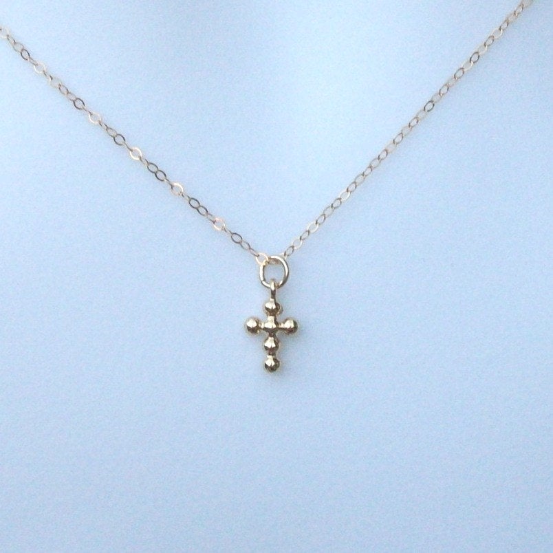 Gold Cross Necklace - Tiny Gold Studded Cross Necklace, Gold Filled Necklace, bridesmaid gifts, Wedding, Christmas Gift, Religious Jewelry