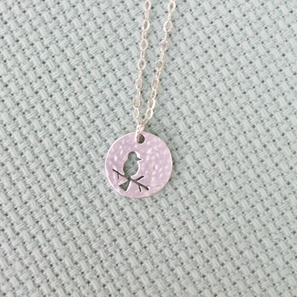 Silver Disc Necklace, Bird on Branch Disc Charm Necklace, Tiny Sterling Silver Hammered Disc with Bird on Branch Cutout Necklace