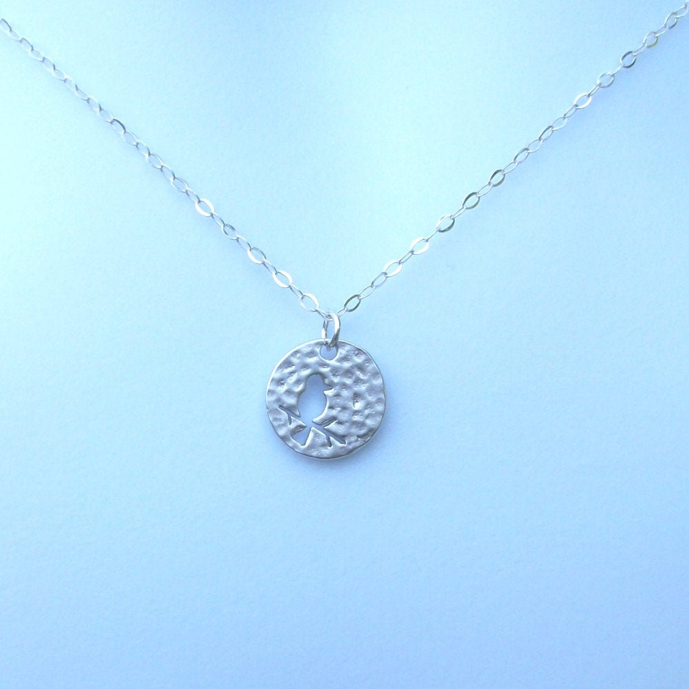 Silver Disc Necklace, Bird on Branch Disc Charm Necklace, Tiny Sterling Silver Hammered Disc with Bird on Branch Cutout Necklace