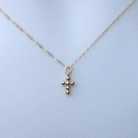 Gold Cross Necklace - Tiny Gold Studded Cross Necklace, Gold Filled Necklace, bridesmaid gifts, Wedding, Christmas Gift, Religious Jewelry