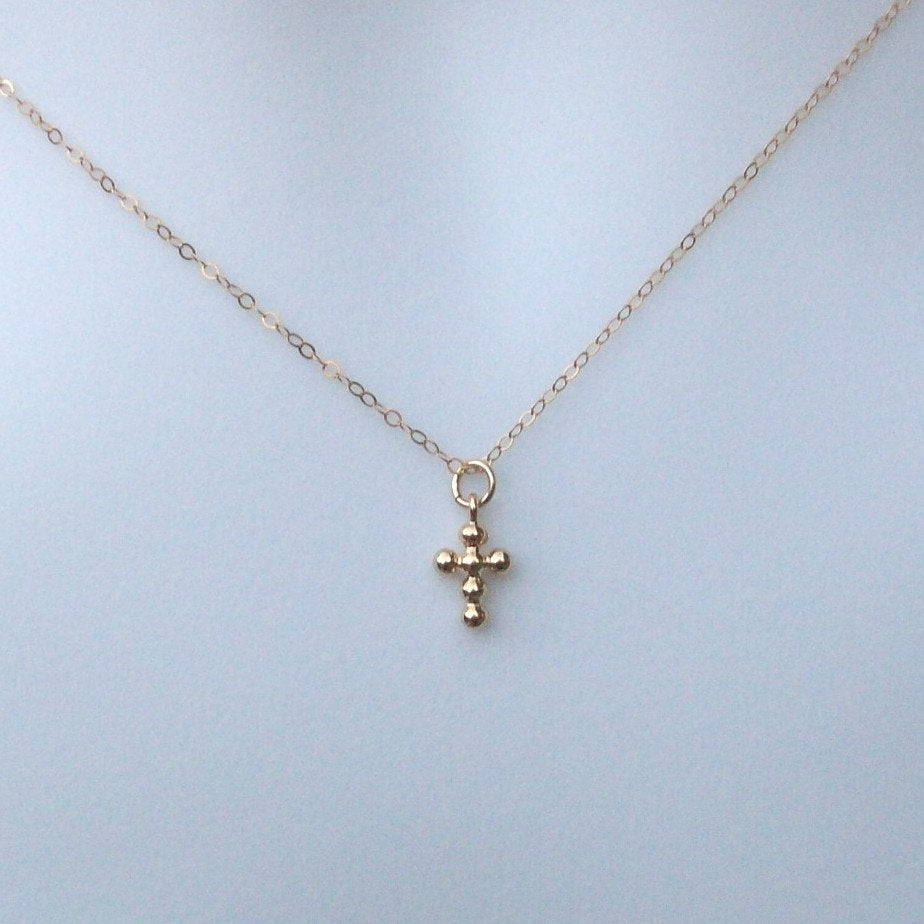 Gold Cross Necklace - Tiny Gold Studded Cross Necklace, Gold Filled Necklace, bridesmaid gifts, Wedding, Christmas Gift, Religious Jewelry