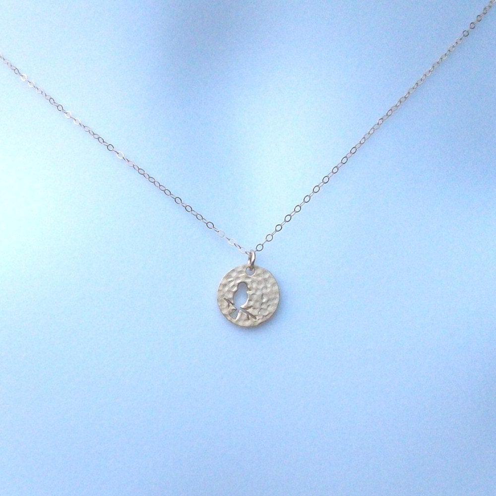 Gold Disc Necklace, Bird on Branch Disc Charm Necklace, Tiny Gold Filled Hammered Disc with Bird on Branch Cutout Necklace