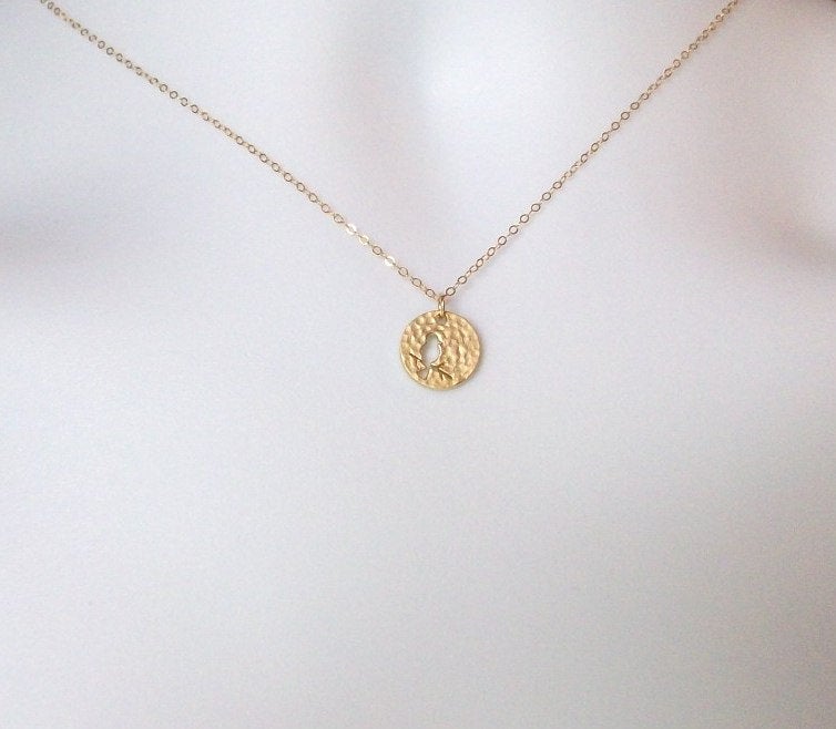 Gold Disc Necklace, Bird on Branch Disc Charm Necklace, Tiny Gold Filled Hammered Disc with Bird on Branch Cutout Necklace