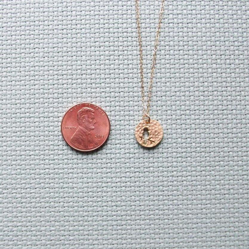 Gold Disc Necklace, Bird on Branch Disc Charm Necklace, Tiny Gold Filled Hammered Disc with Bird on Branch Cutout Necklace