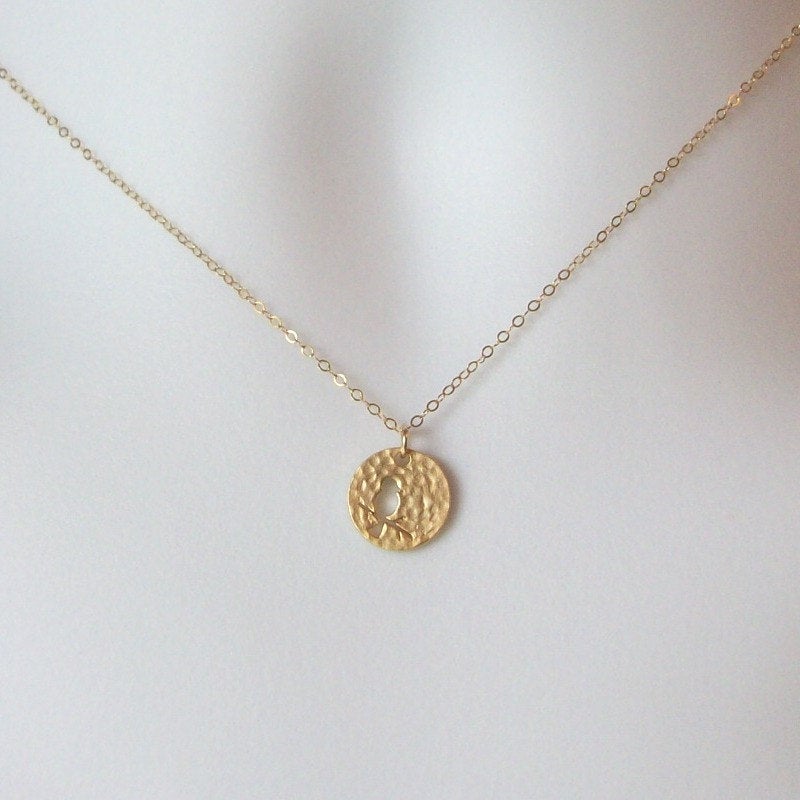 Gold Disc Necklace, Bird on Branch Disc Charm Necklace, Tiny Gold Filled Hammered Disc with Bird on Branch Cutout Necklace