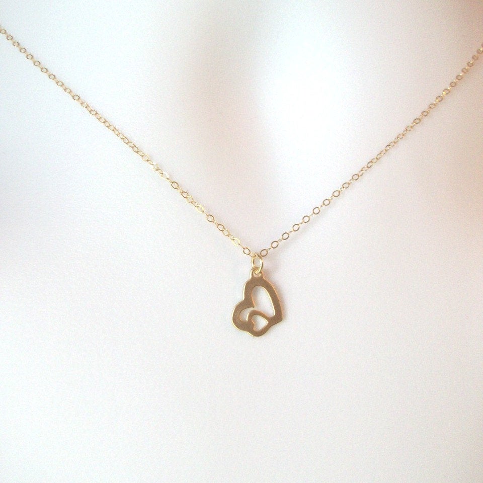 Gold Heart Necklace - Tiny Gold Cutout Double Heart Necklace, Gold Filled Necklace, Bridesmaid gifts, Wedding, Bridal, Valentines Day