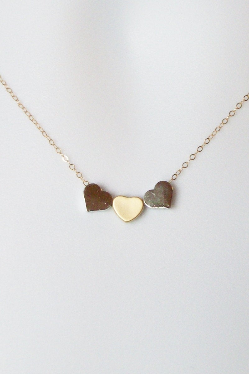 Five Heart Necklace on Sterling Silver chain with 3 gold and 2 silver hearts